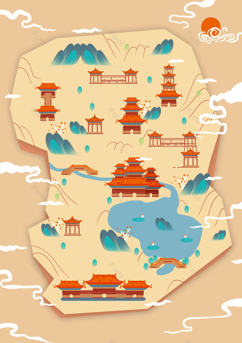 复古简约古建筑景点地图背景设计,插画/手绘图,插画/手绘图库,插画/手绘图下载,插画/手绘